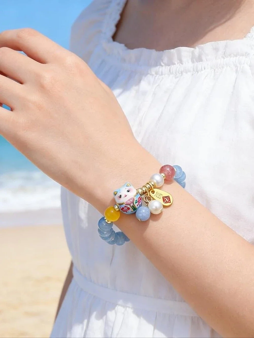 Cat Charm Beaded Stretch Bracelet - Picture 2 of 3